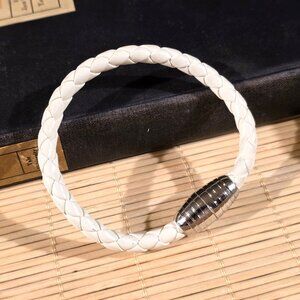Braided Thick White Vegan Leather Magnetic Clasp Bangle Bracelet